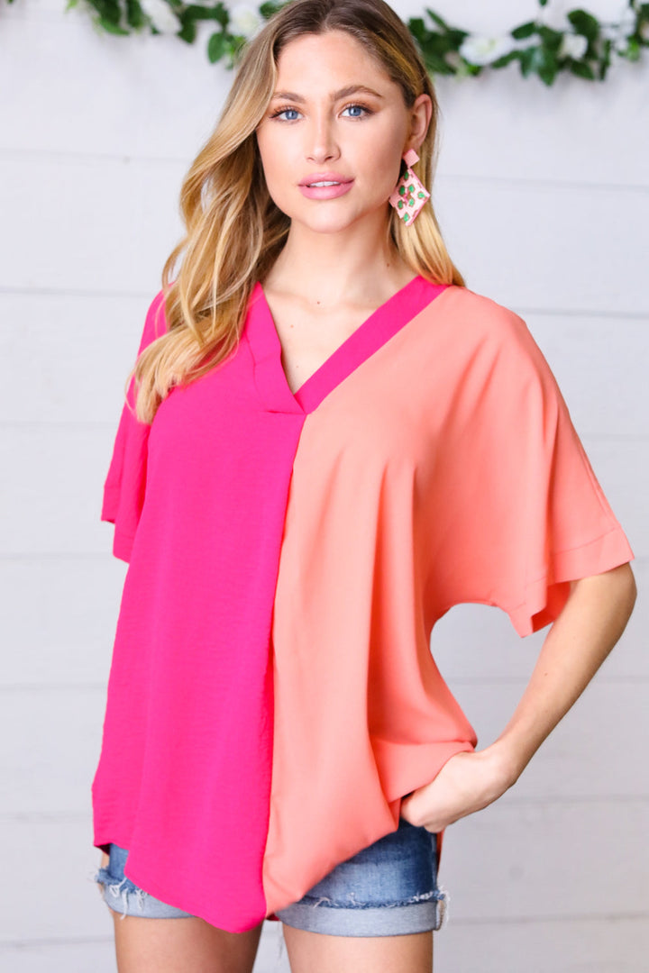 Peach & Magenta Color Block V Neck Crepe Top