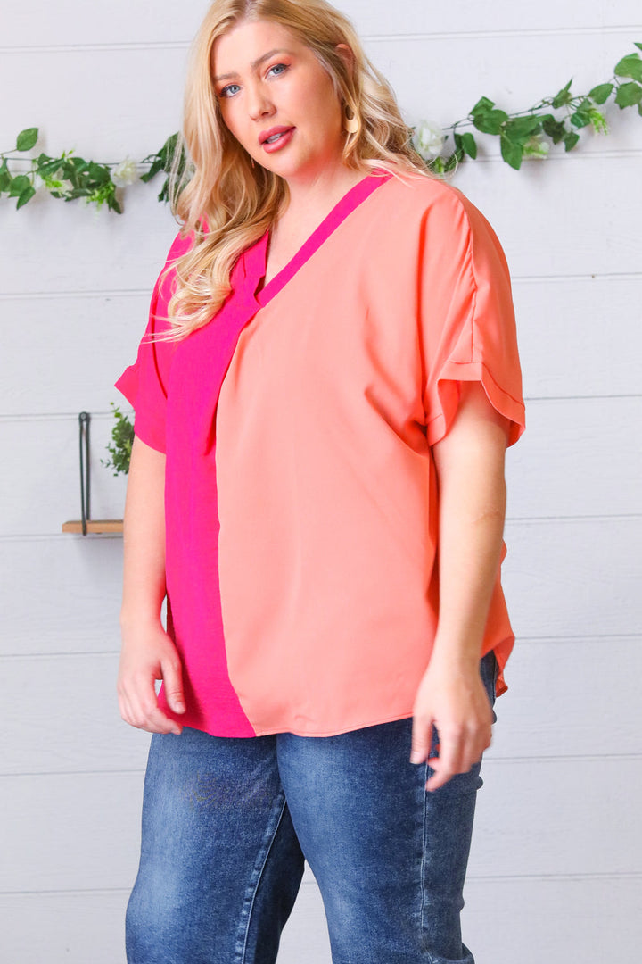 Peach & Magenta Color Block V Neck Crepe Top