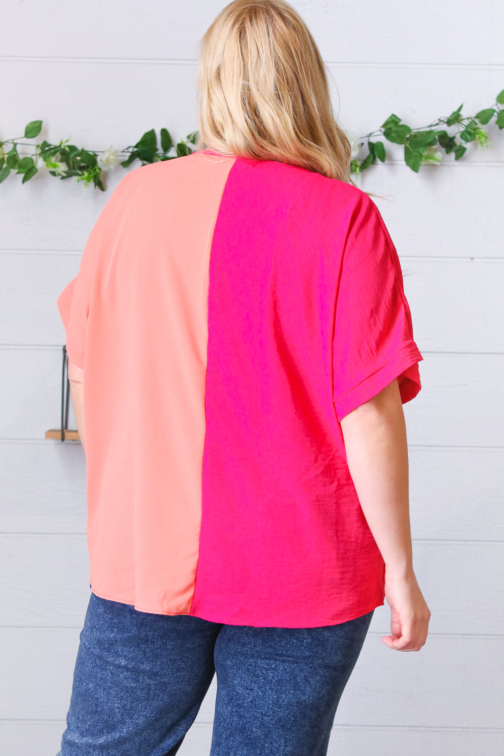 Peach & Magenta Color Block V Neck Crepe Top