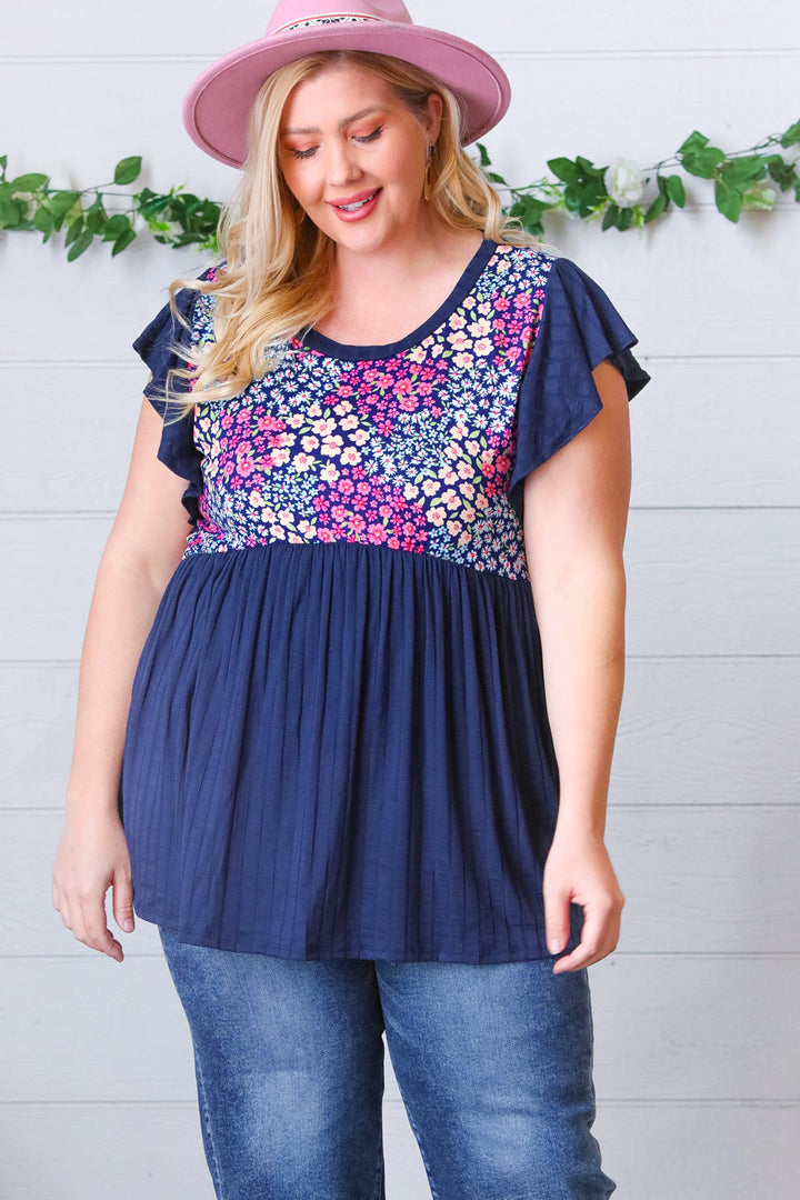 Navy Floral Yoke Babydoll Rib Flutter Sleeve Top