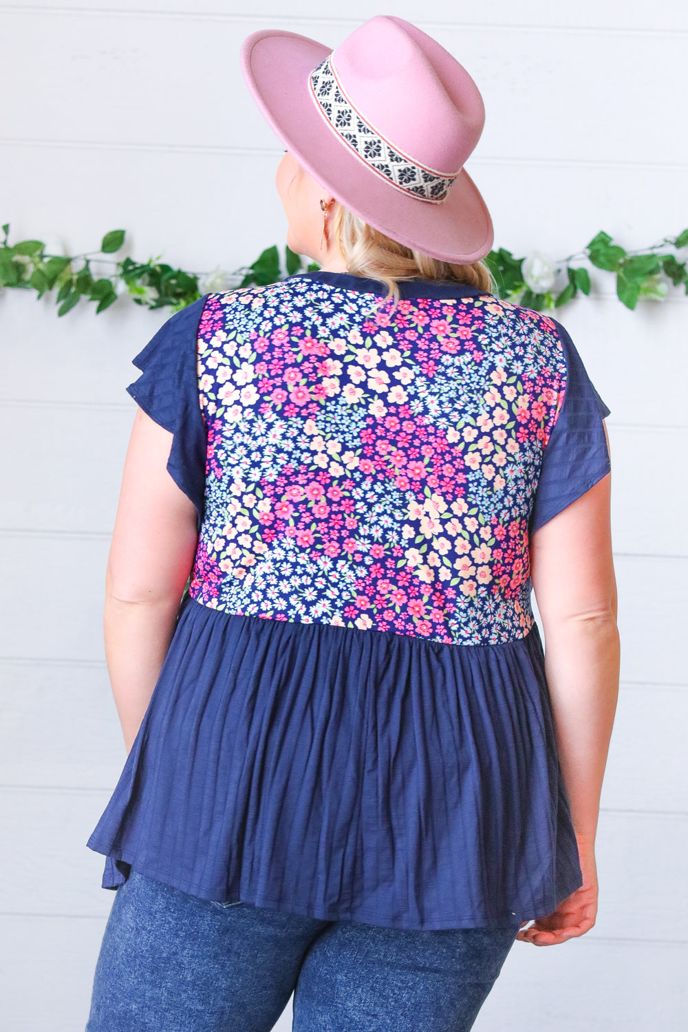 Navy Floral Yoke Babydoll Rib Flutter Sleeve Top