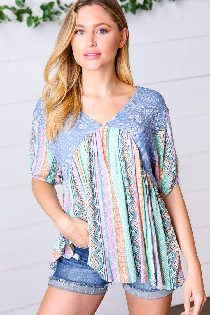 Multicolor Boho Vertical Print Crinkle V Neck Top