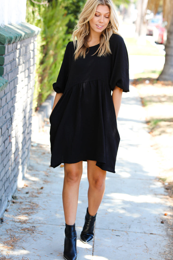 Black Three Quarter Puff Sleeve Babydoll Dress