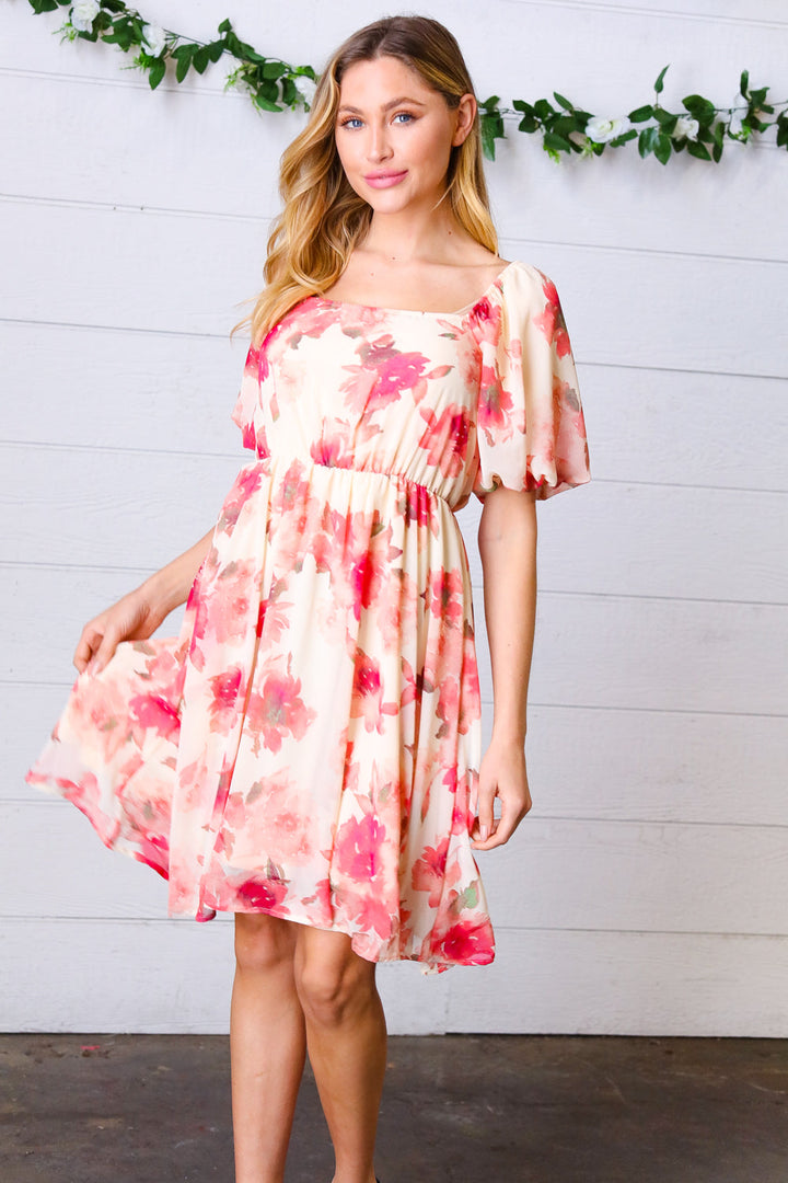 Peach Floral Chiffon Puff Sleeve Dress