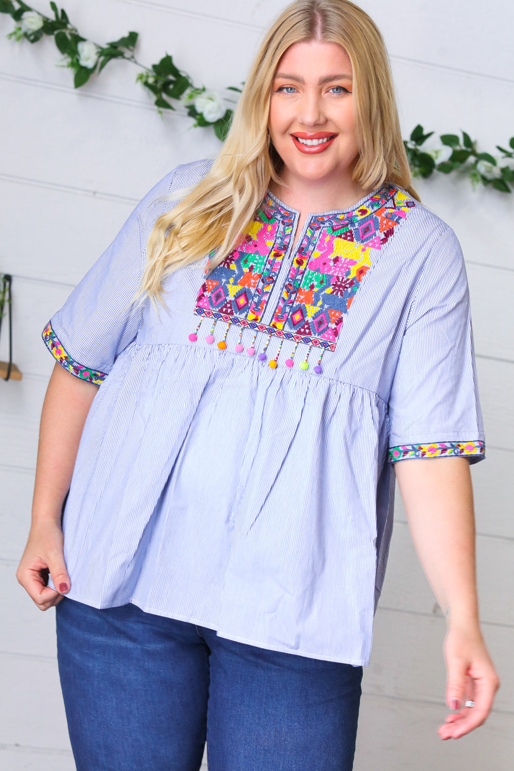 Navy Stripe Embroidered Beaded Pom Pom Yoke Top