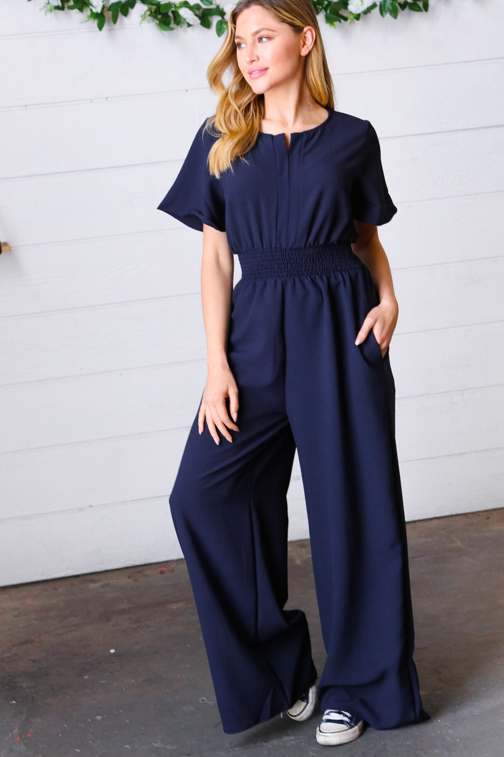 Dark Blue Smocked Waist Notch Neck Crepe Jumpsuit