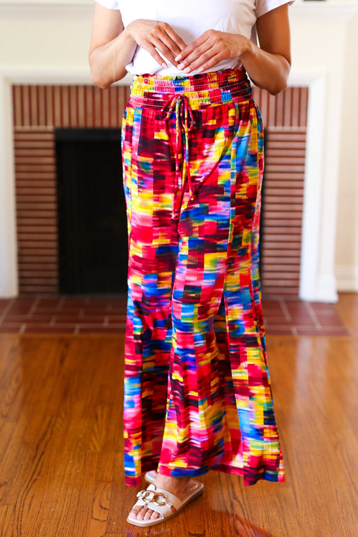 Vacay Vibes Kaleidoscope Smocked Waist Side Slit Palazzo Pants