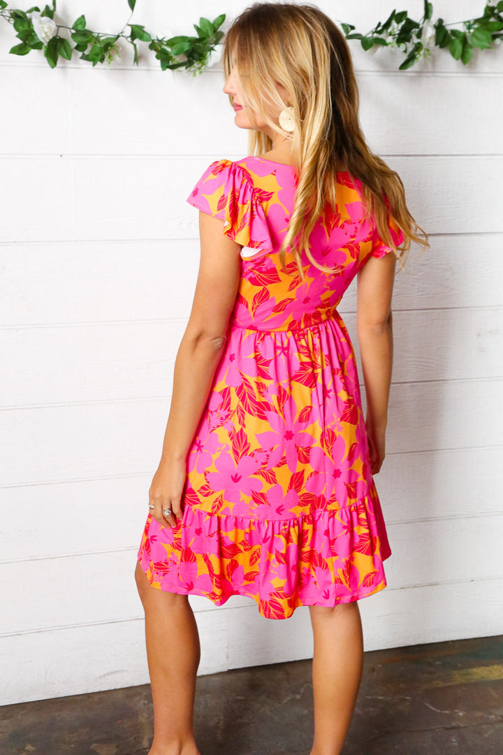 Fuchsia & Orange Tropical Floral Square Neck Dress