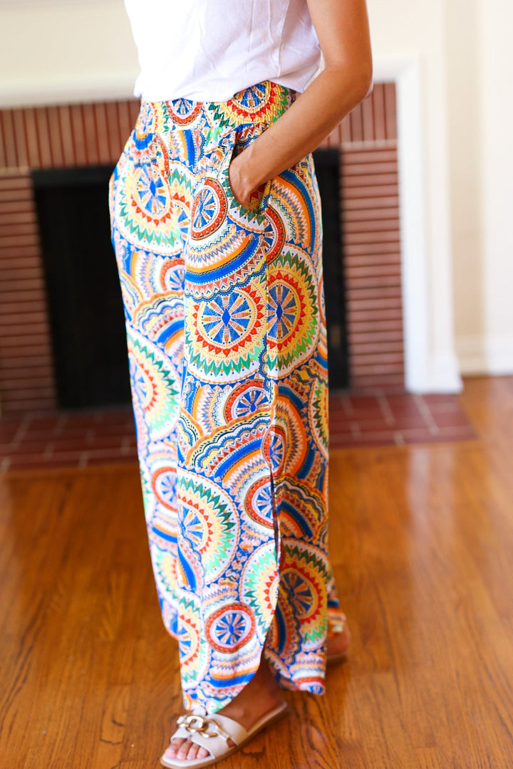 Multicolor Mandala Smocked Waist Side Slit Palazzo Pants