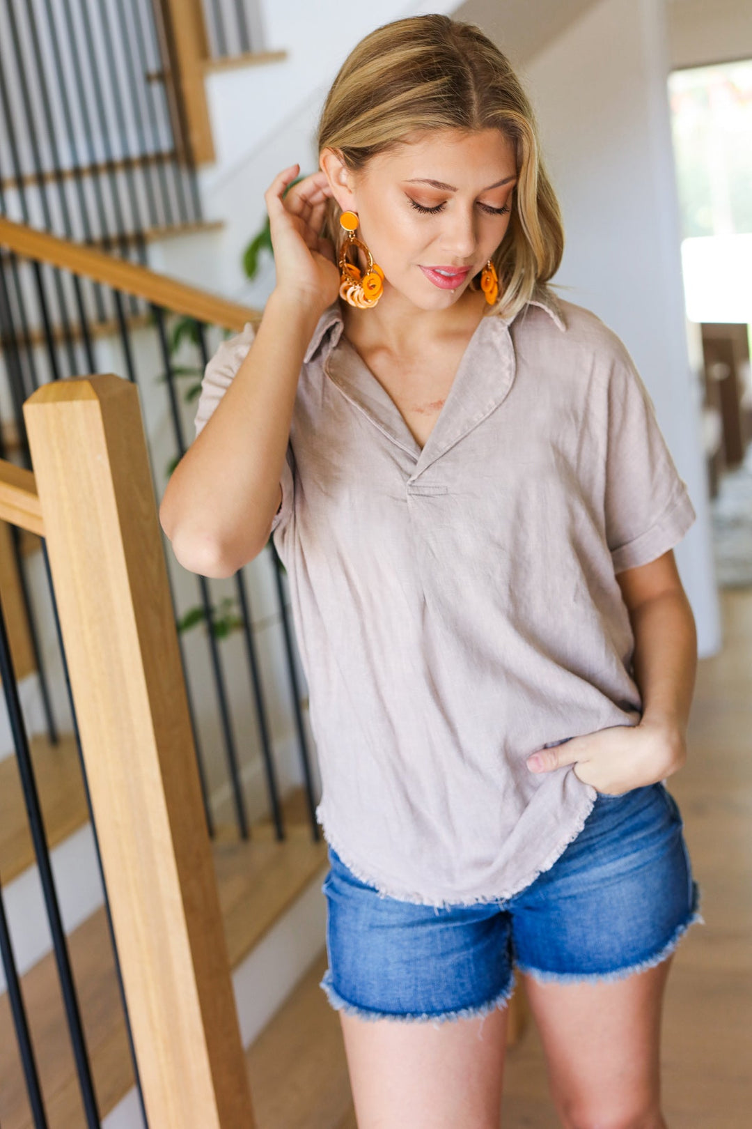 Ready For Spring Taupe Washed Linen Collared Top