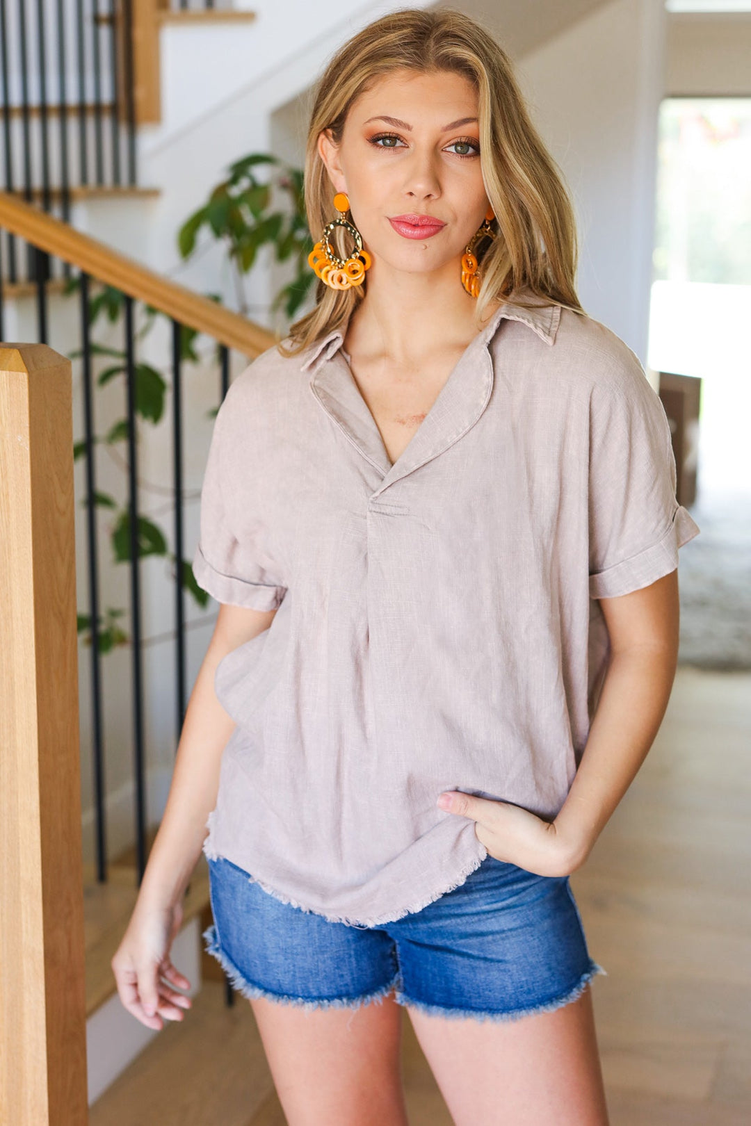 Ready For Spring Taupe Washed Linen Collared Top