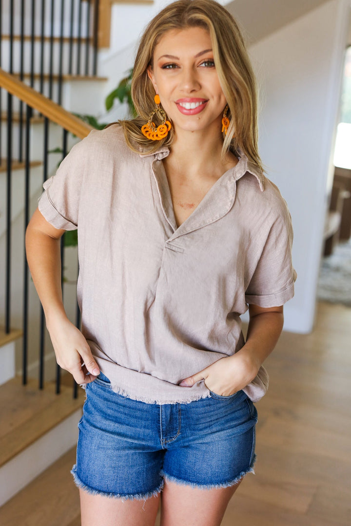 Ready For Spring Taupe Washed Linen Collared Top