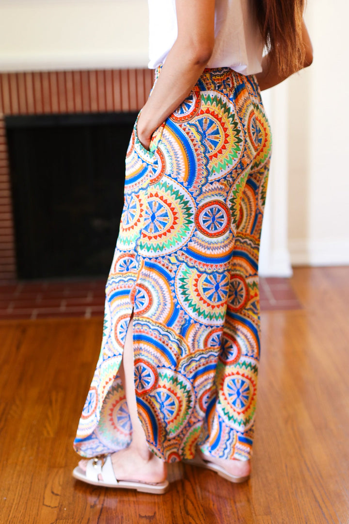 Multicolor Mandala Smocked Waist Side Slit Palazzo Pants