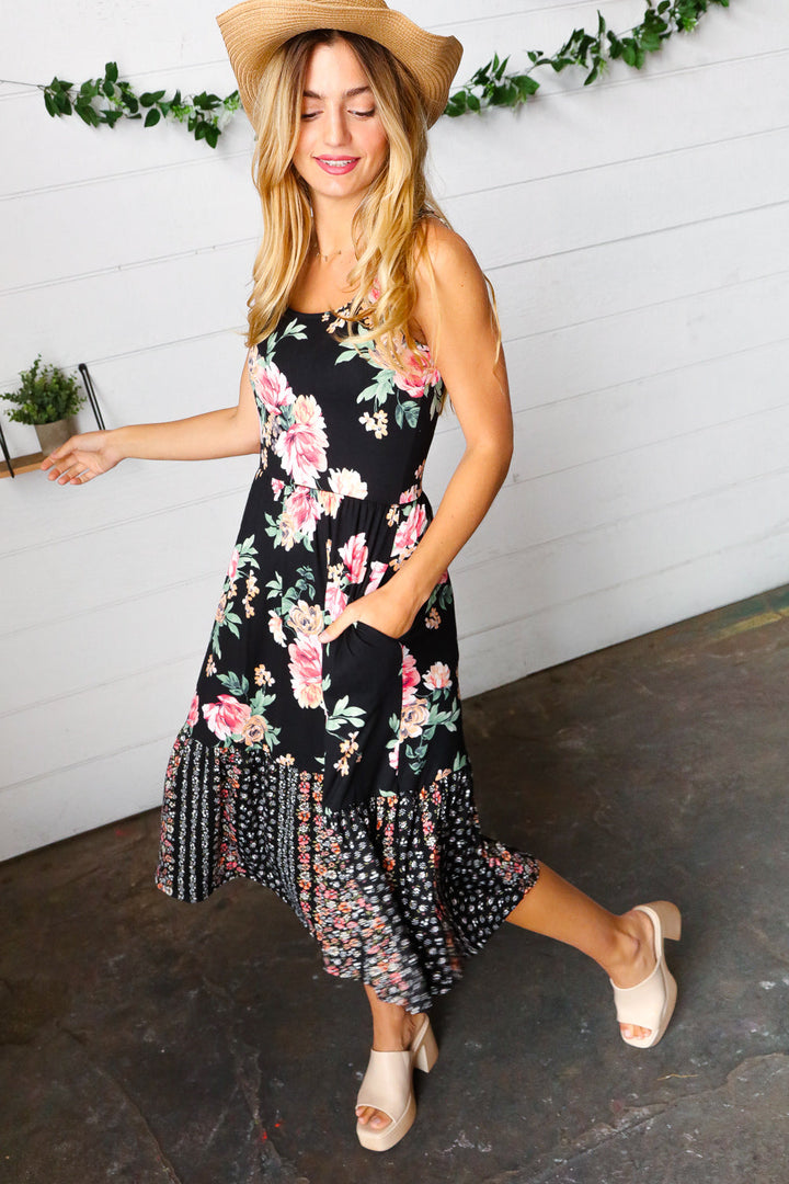 Black Floral Fit & Flare Sleeveless Midi Dress