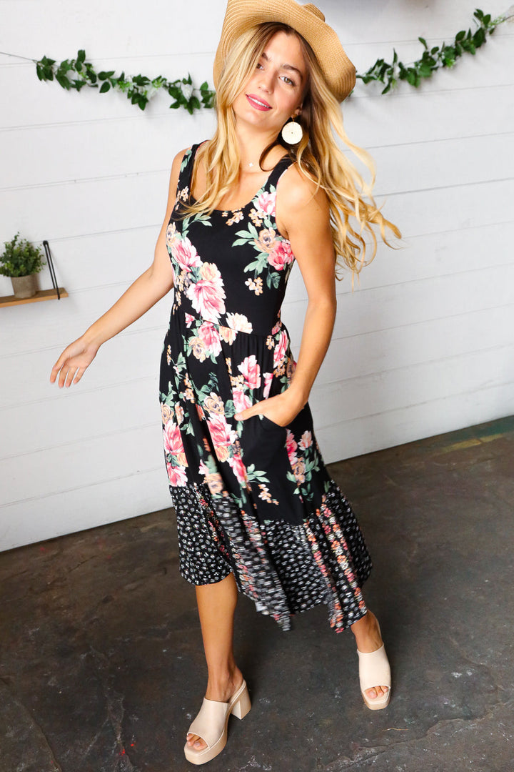 Black Floral Fit & Flare Sleeveless Midi Dress