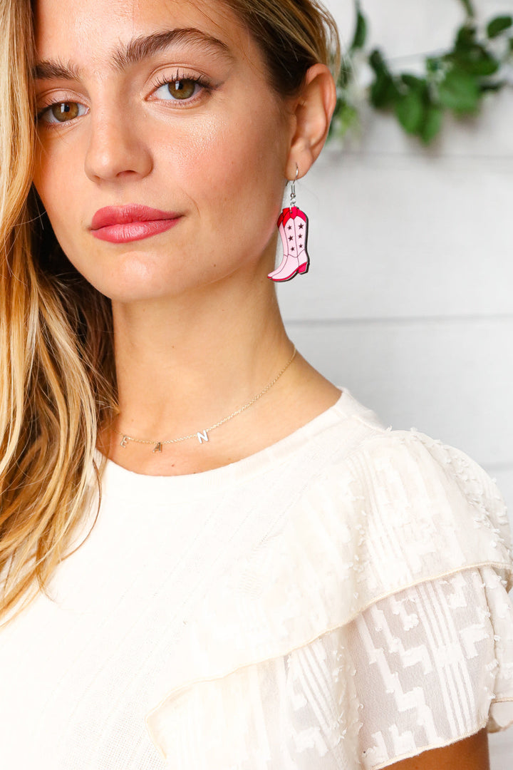 Pink Wooden Cowgirl Boot Dangle Earrings