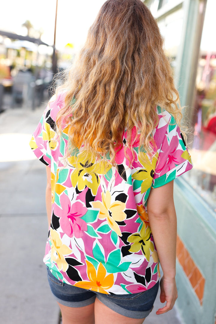 Fuchsia & Emerald Flat Floral V Neck Top