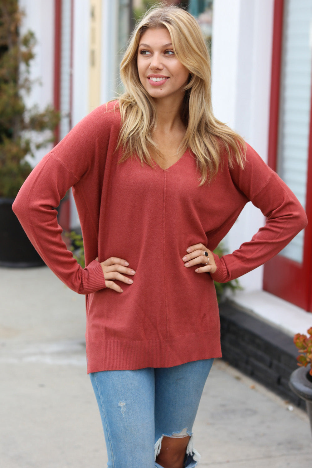 Hello Beautiful Rust Front Seam V Neck Sweater