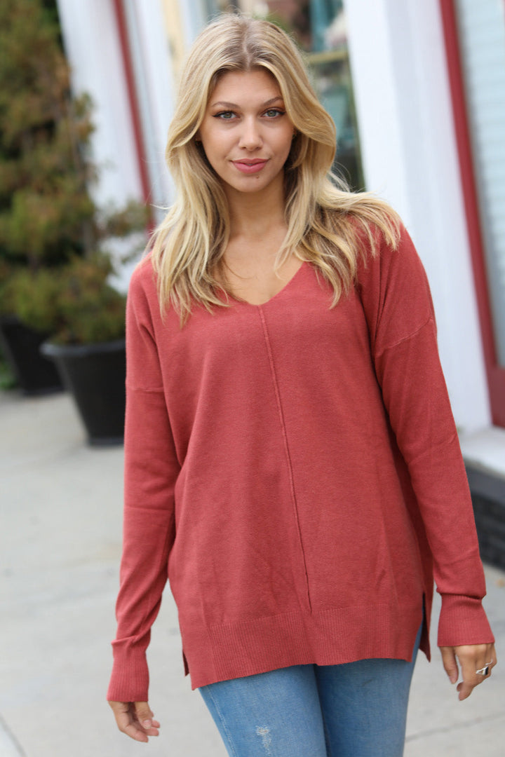 Hello Beautiful Rust Front Seam V Neck Sweater