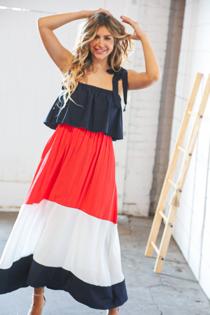 Navy & Red Color Block Tiered Shoulder Tie Ruffle Maxi Dress