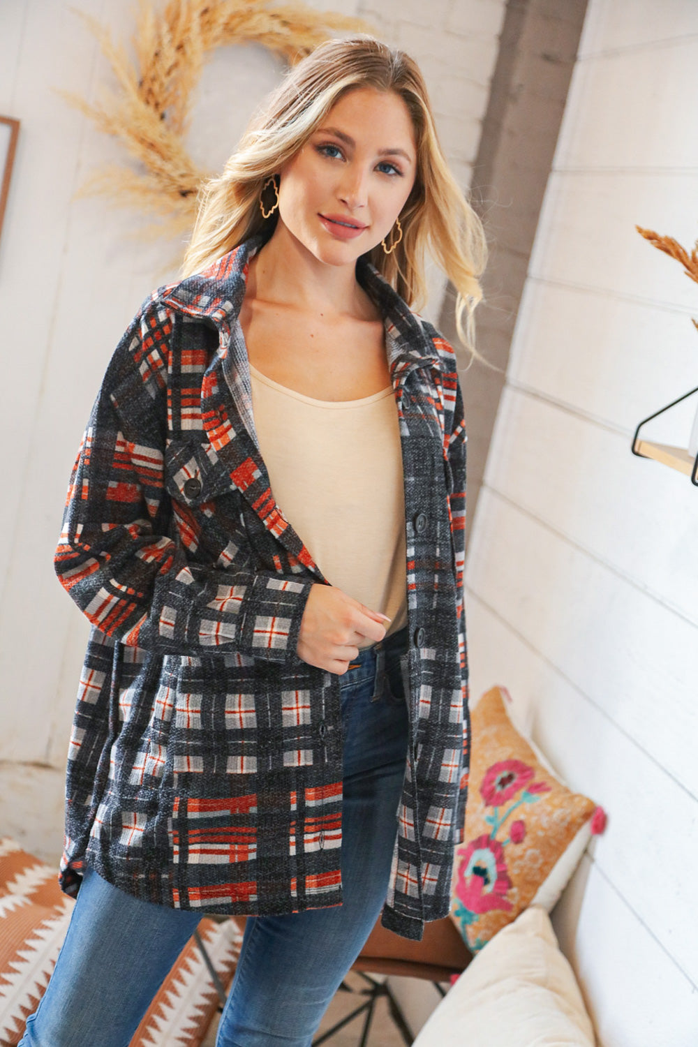 Black & Rust Brushed Plaid Oversize Pocketed Shacket