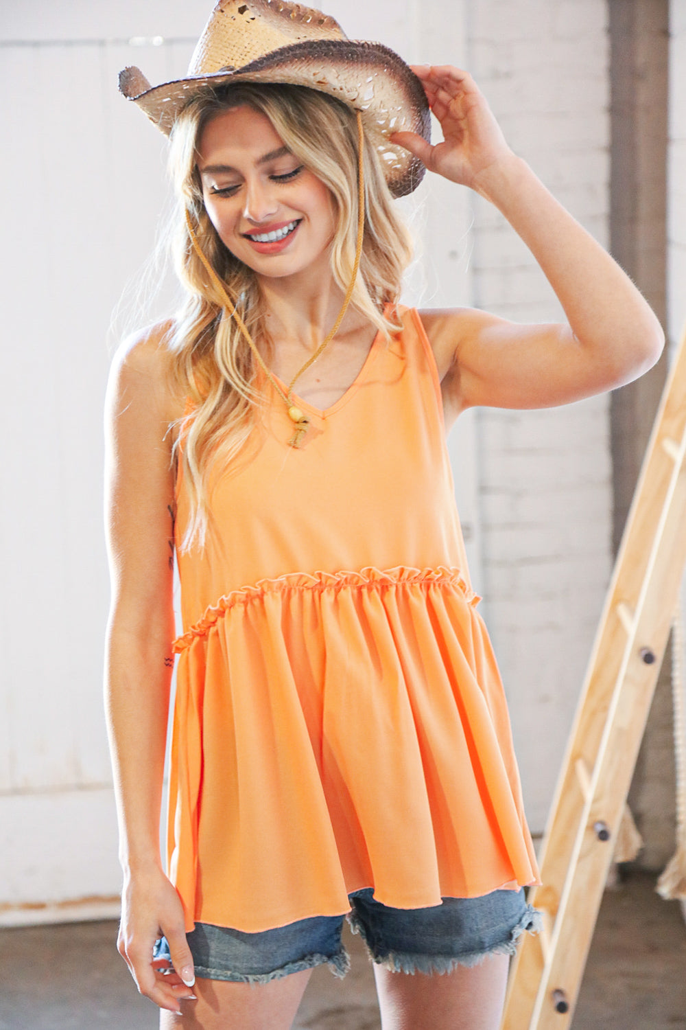 Peach V Neck Sleeveless Ruffle Frill Tunic