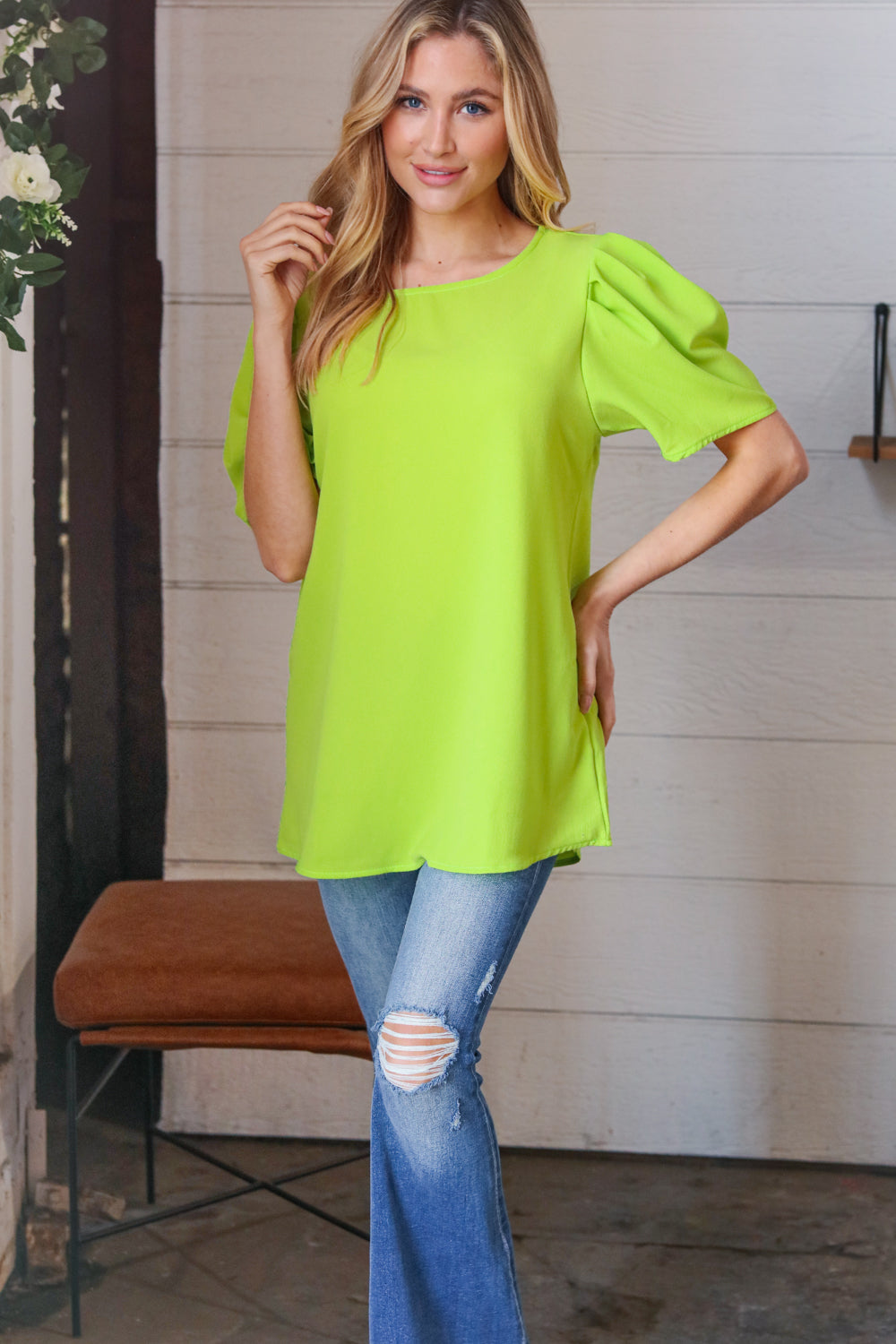 Neon Green Round Neck Puff Sleeve Crepe Top