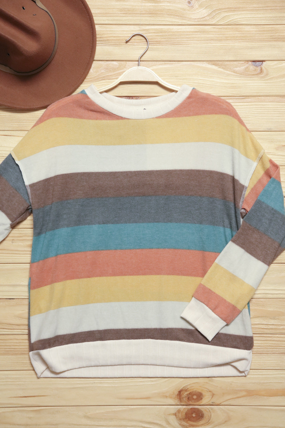 Teal & Mustard Stripe Hacci Outseam Sweater Top