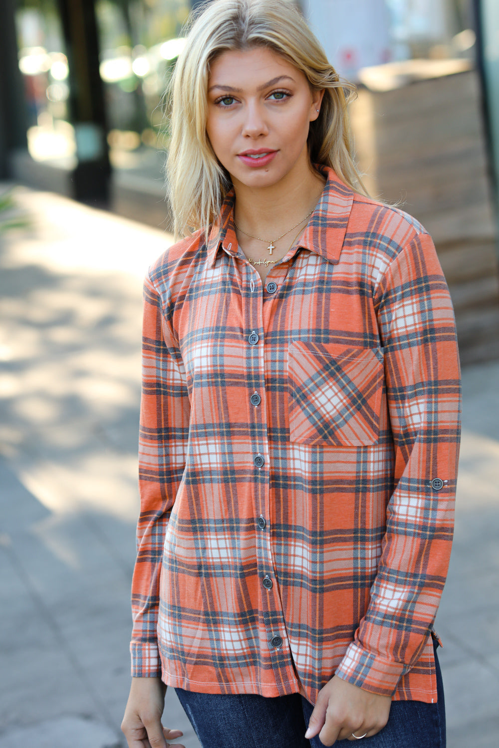 Rust Plaid Lightweight Button Up Shacket