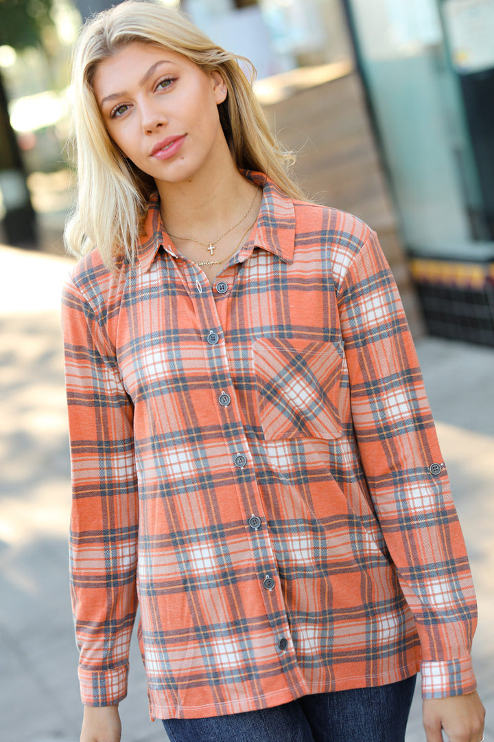 Rust Plaid Lightweight Button Up Shacket