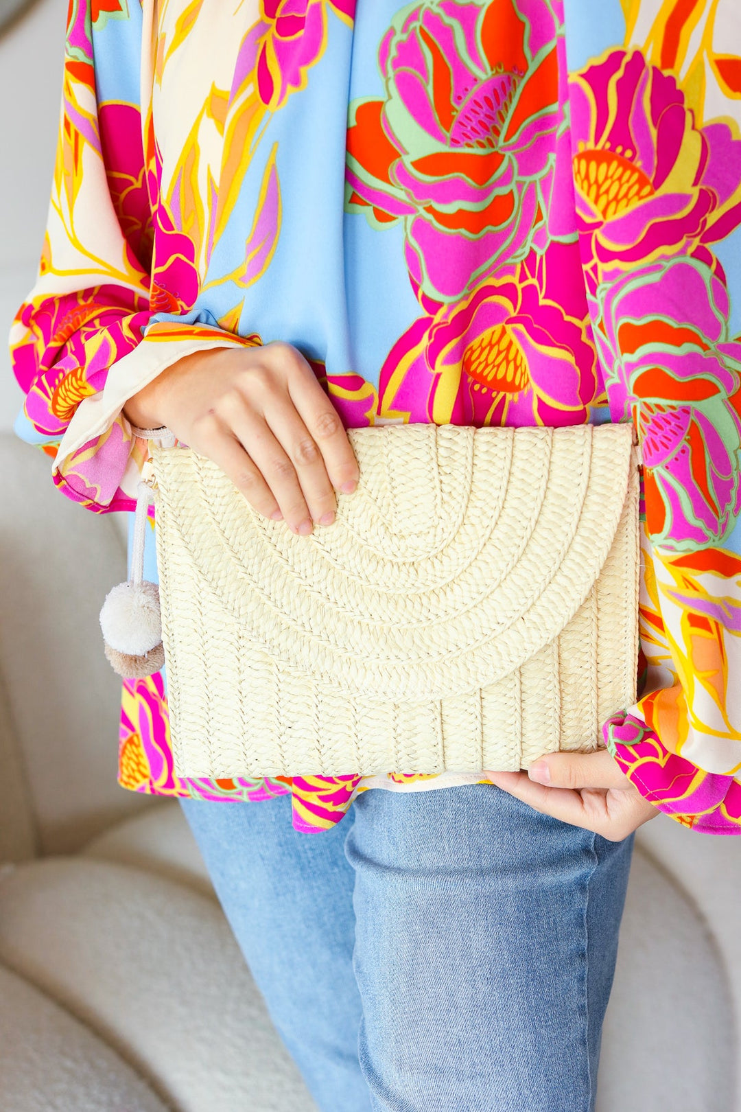 Raffia Flap Closure Clutch Bag with Wrist Strap and Pom Pom