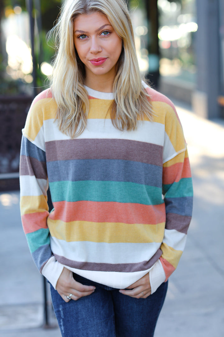 Teal & Mustard Stripe Hacci Outseam Sweater Top