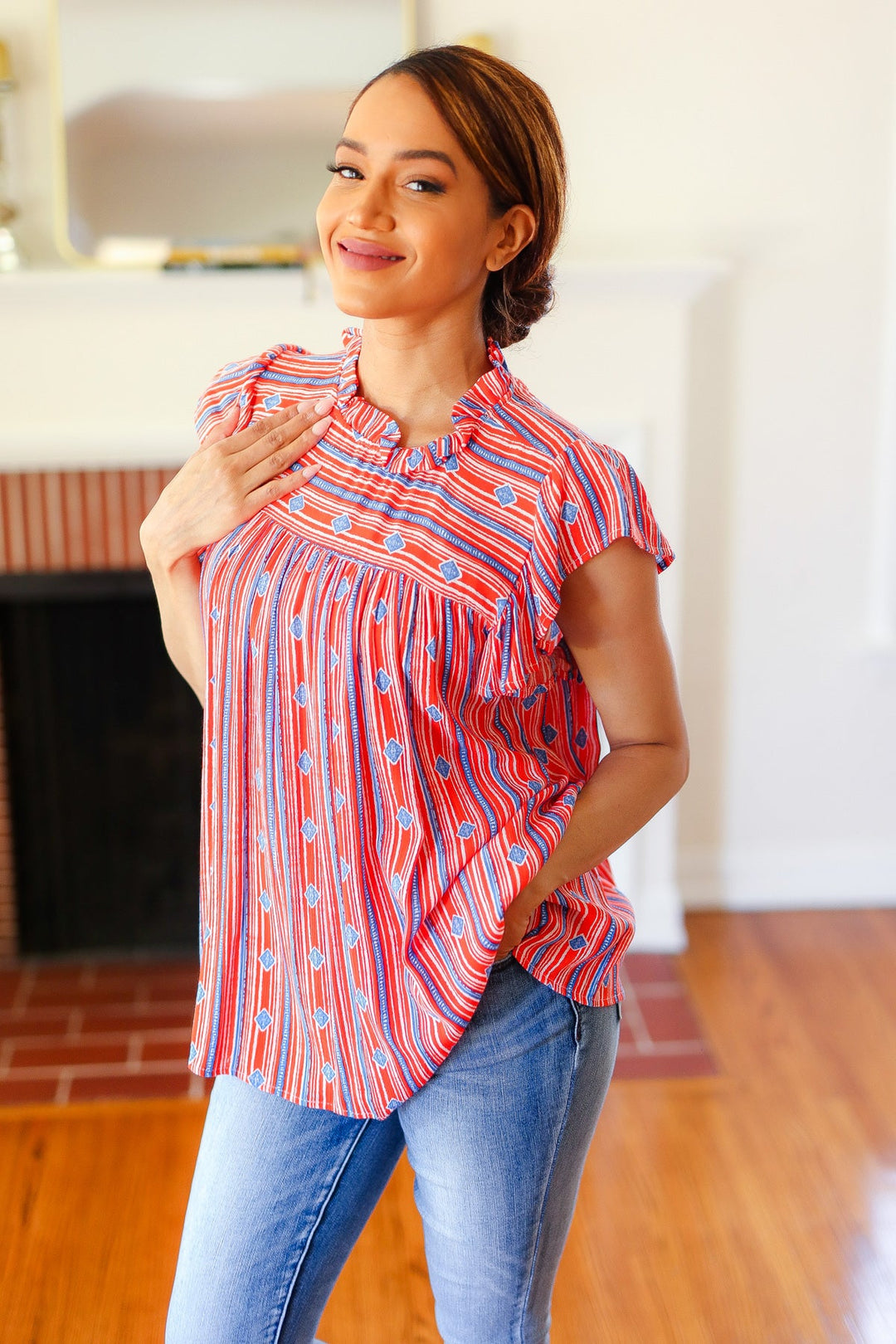 Red & Blue Boho Stripe Flutter Sleeve Top