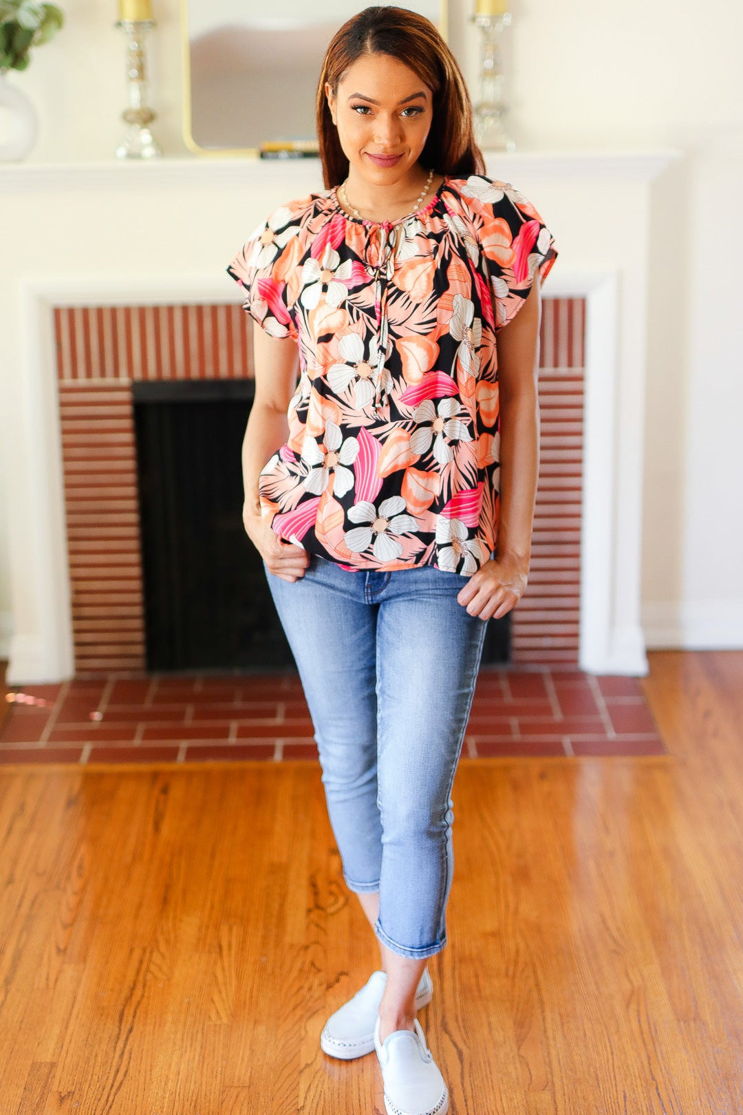 Peach Tropical Floral Tie Neck Raglan Top