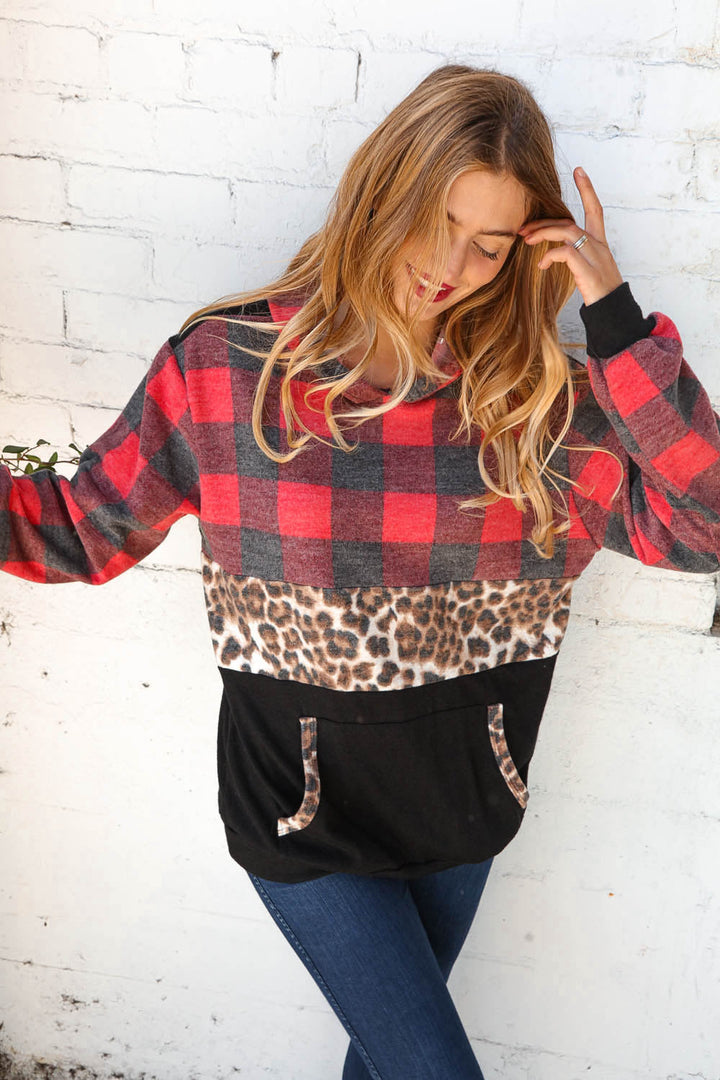 Plaid & Leopard Print Color Block Hoodie