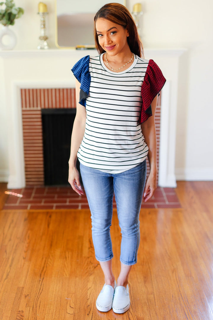 Glam It Up Red & Blue Glitter Flutter Sleeve Striped Top