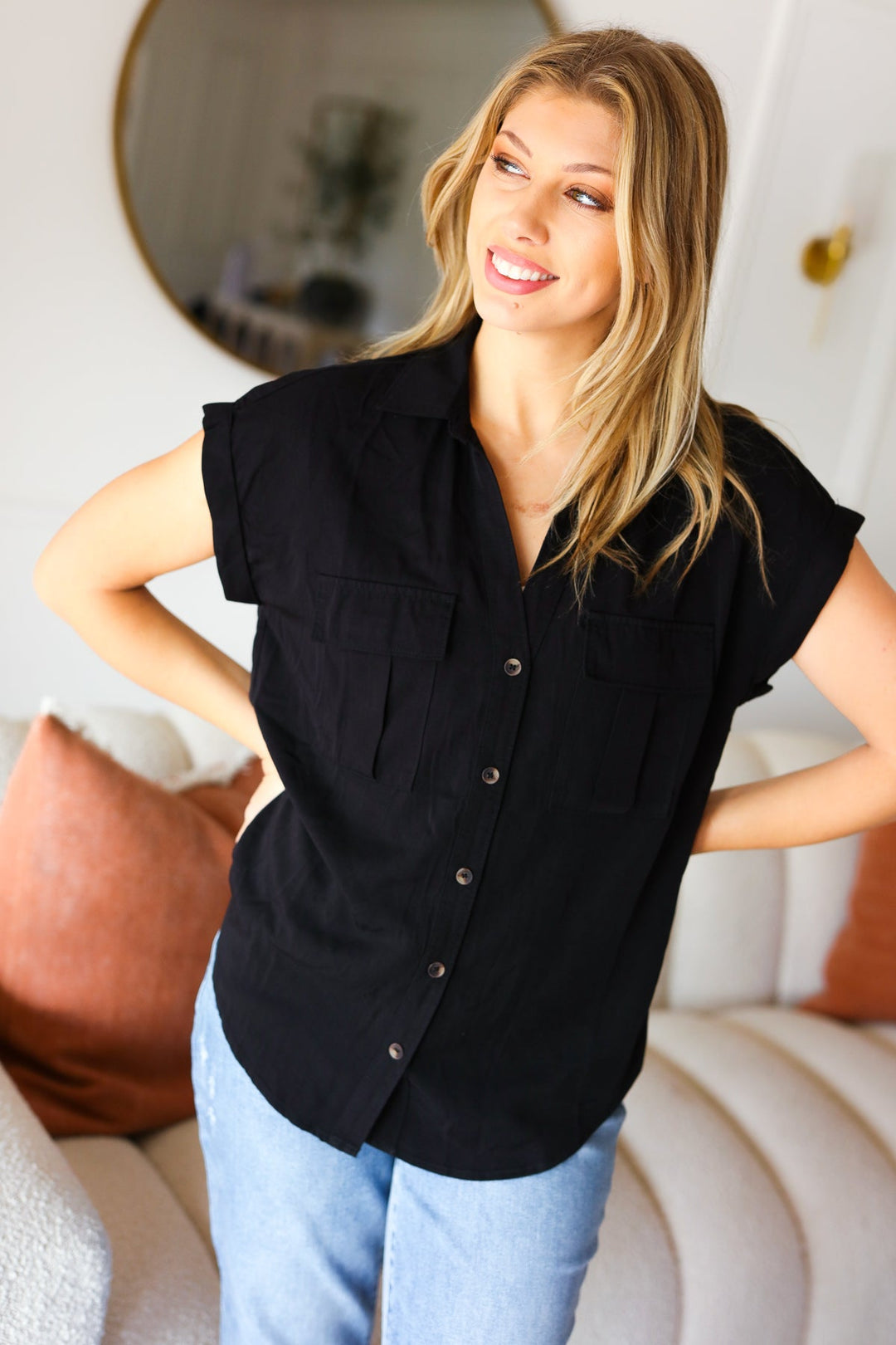 Live For Today Black V Neck Collared Button Up Tencel Top