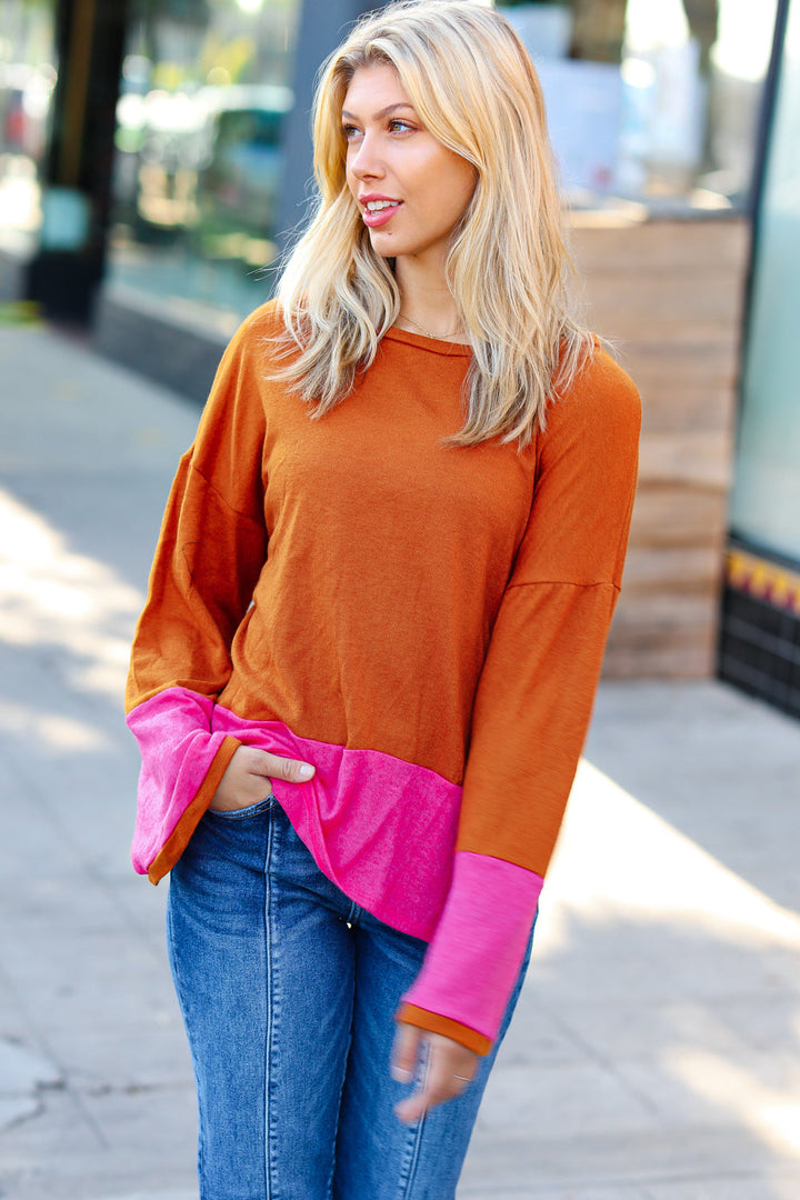 Fuchsia & Rust Color Block Hacci Top