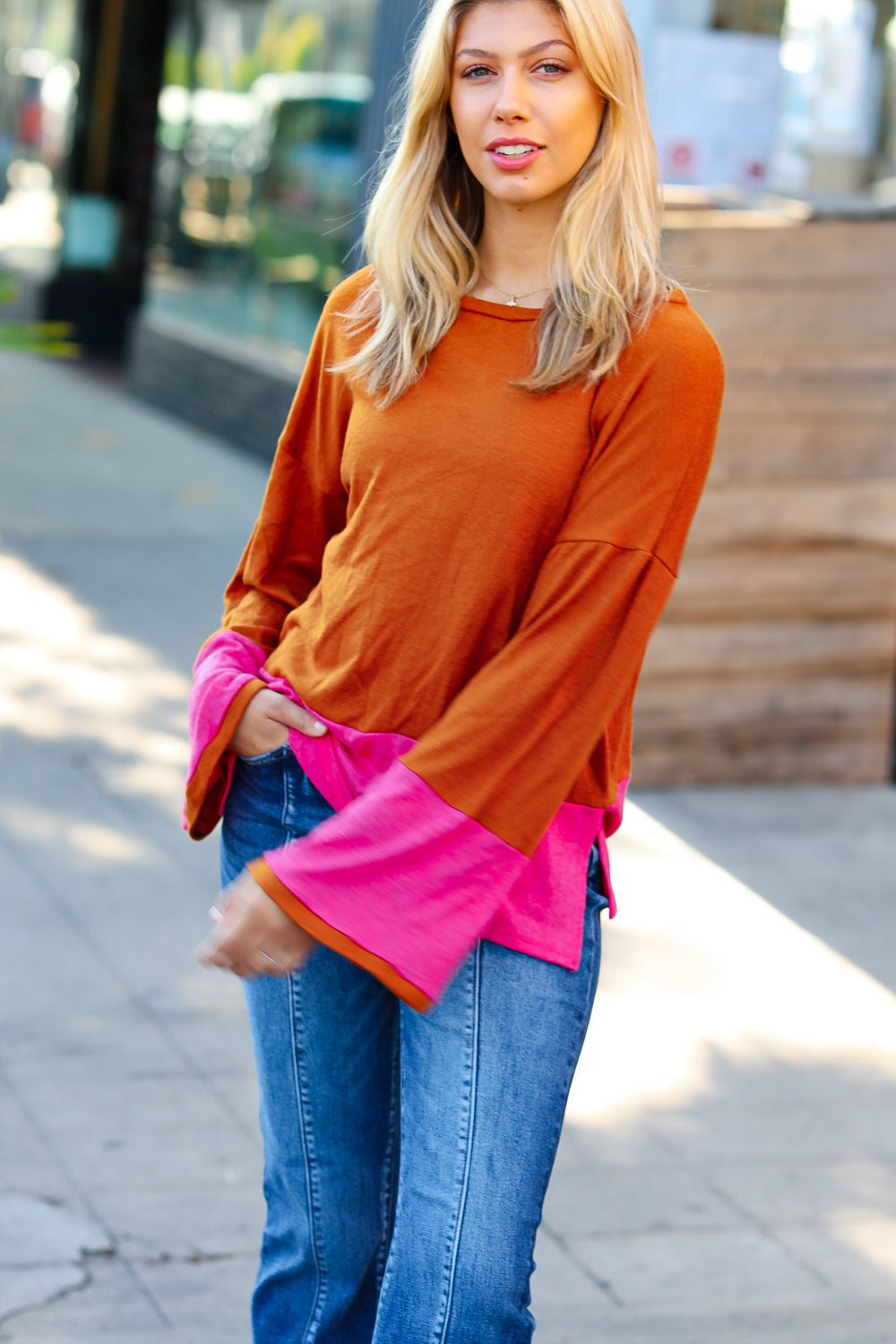 Loud Love Fuchsia & Rust Color Block Hacci Top