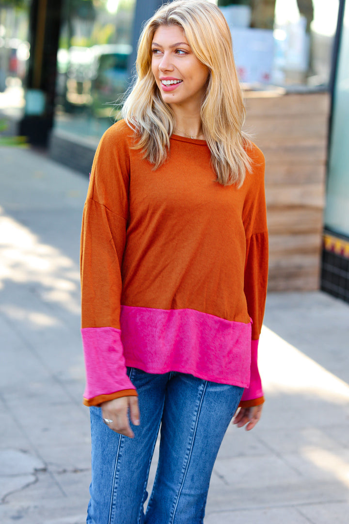 Fuchsia & Rust Color Block Hacci Top