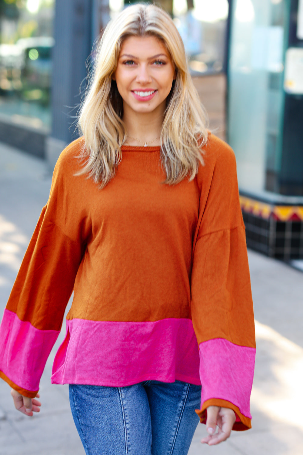 Loud Love Fuchsia & Rust Color Block Hacci Top