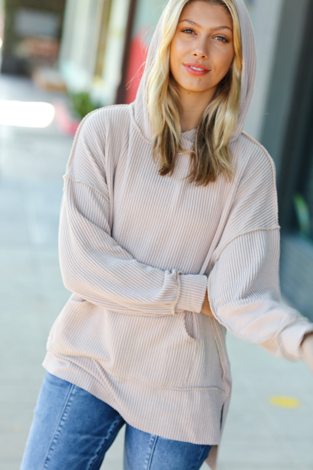 Cozy Up Taupe Mineral Wash Rib Knit Hoodie