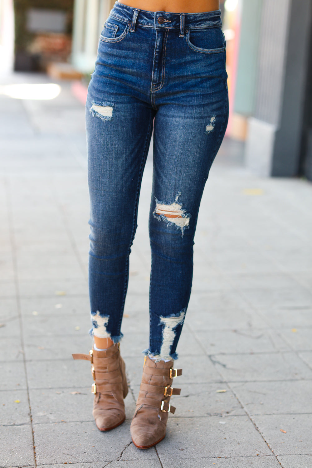 Distressed Denim High Rise Skinny Ankle Jeans