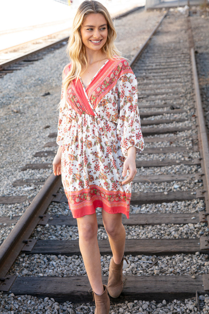 Coral Boho Challis Surplice Pocketed Dress