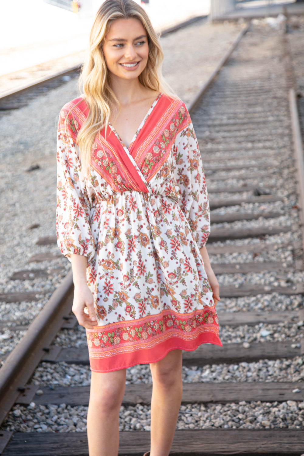 Coral Boho Challis Surplice Pocketed Dress