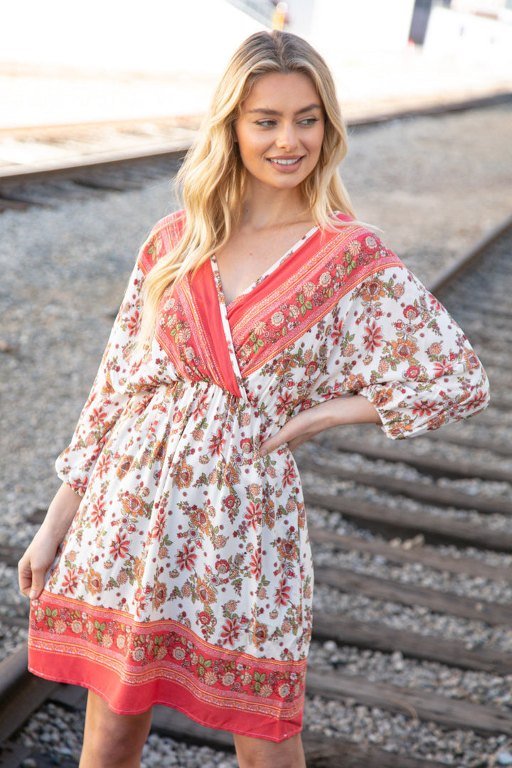 Coral Boho Challis Surplice Pocketed Dress