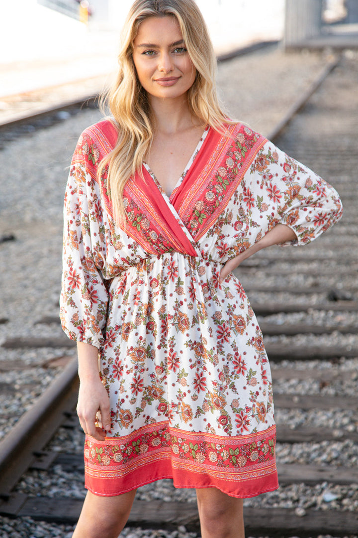 Coral Boho Challis Surplice Pocketed Dress