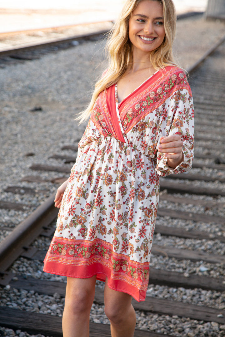 Coral Boho Challis Surplice Pocketed Dress