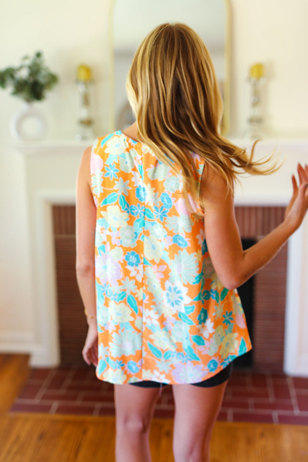 Tangerine Floral Banded V Neck Sleeveless Top