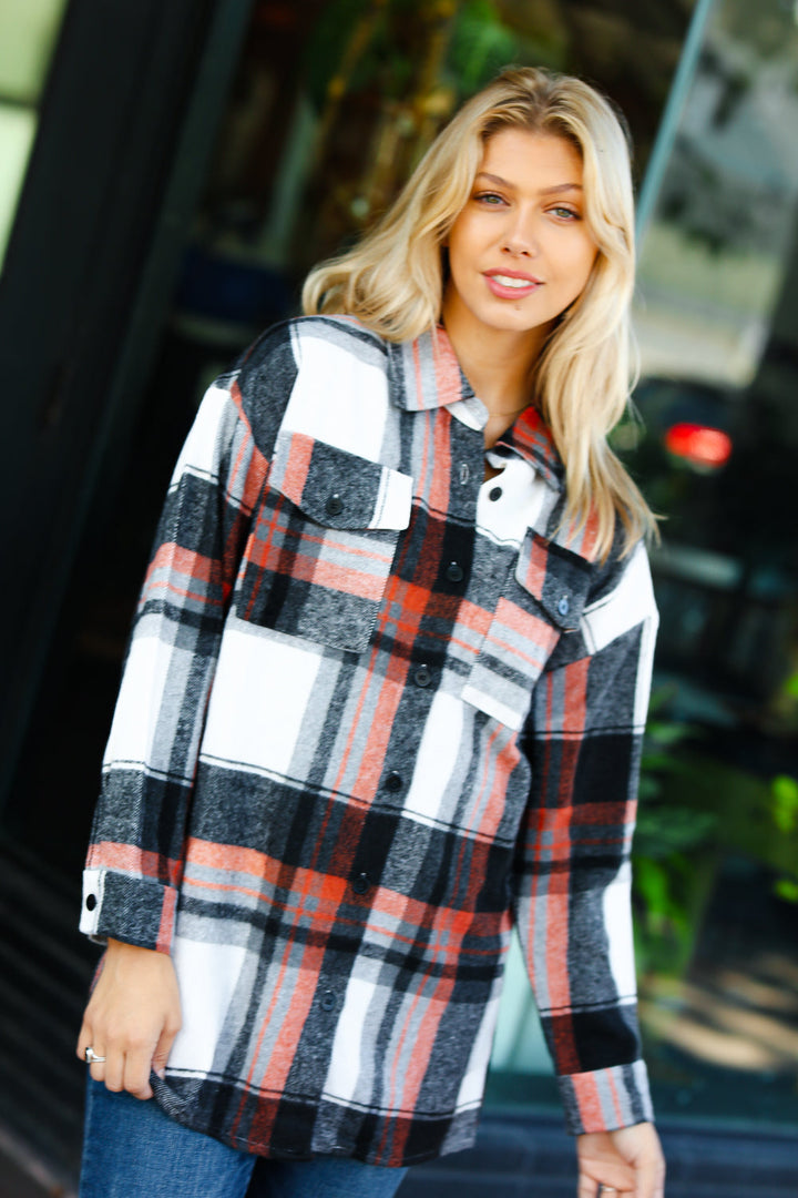 All On You Black & Burnt Orange Flannel Button Down Shacket